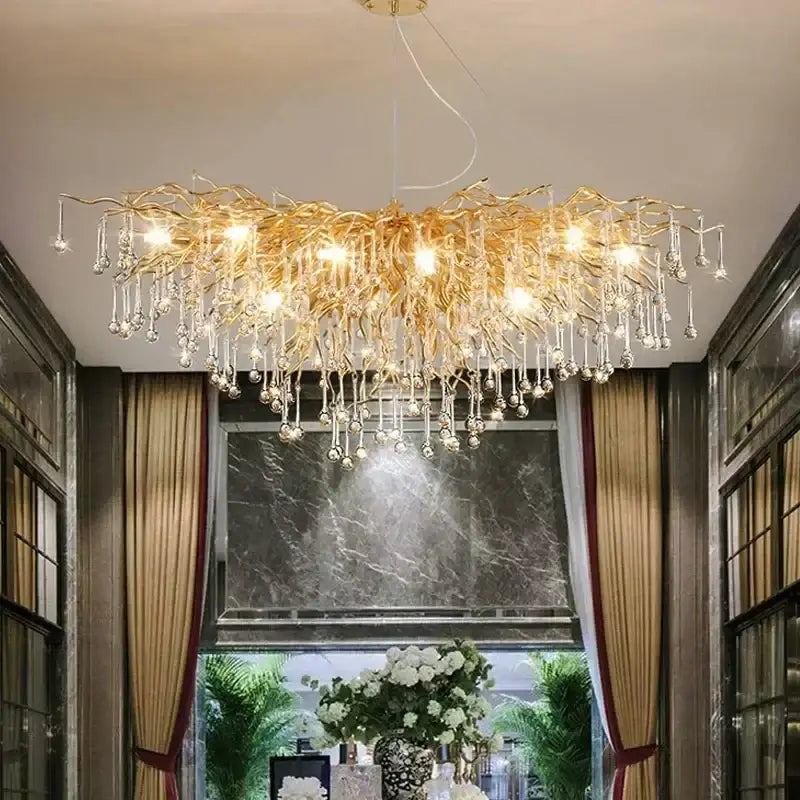 Golden branch crystal chandelier with dangling crystal droplets for luxury living room lighting