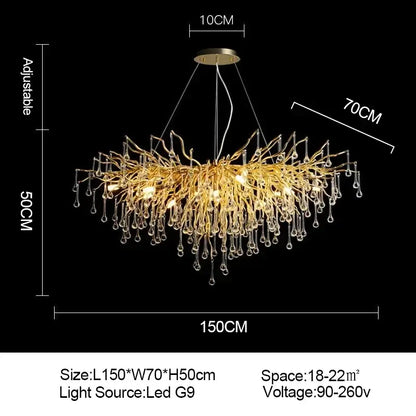 Golden branch crystal chandelier with dangling crystal droplets for living room luxury lighting