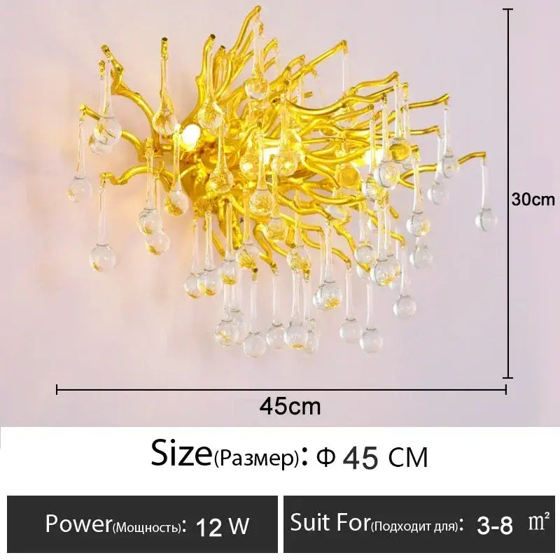 Golden crystal chandelier wall sconce with branch design and dangling clear glass teardrop crystals for living room luxury lighting