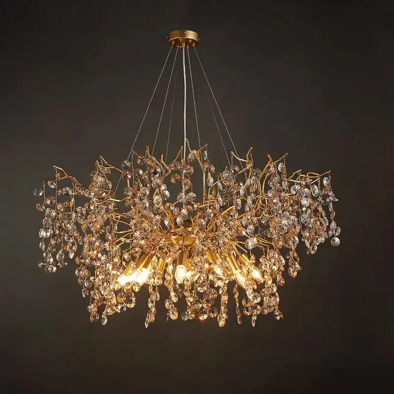 Golden branch crystal led chandelier with intricate metalwork and clear faceted crystal droplets for luxury dining room decorbites crystal led