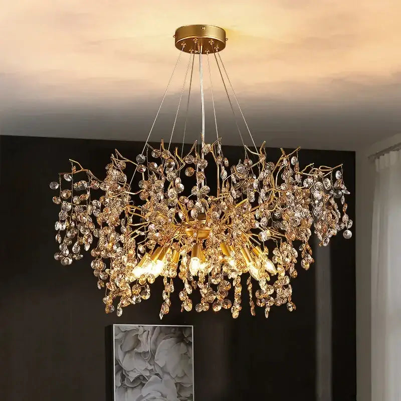 Golden branch crystal led chandelier with intricate metalwork and dangling crystal droplets for luxury dining room decorbites crystal led