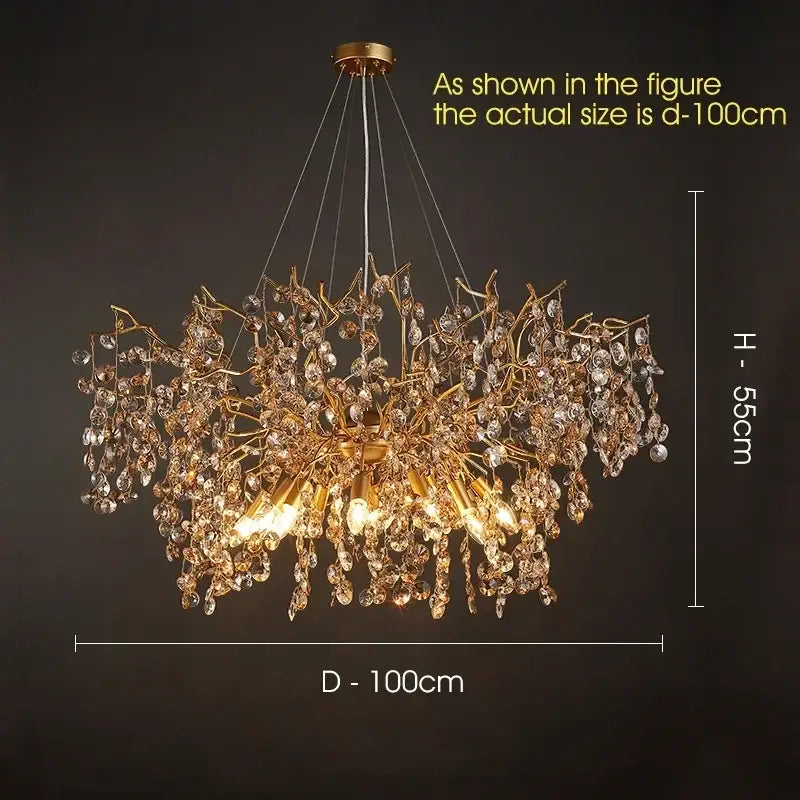 Golden branch crystal led chandelier with intricate metalwork and clear faceted droplets for luxury dining room decorbites crystal led