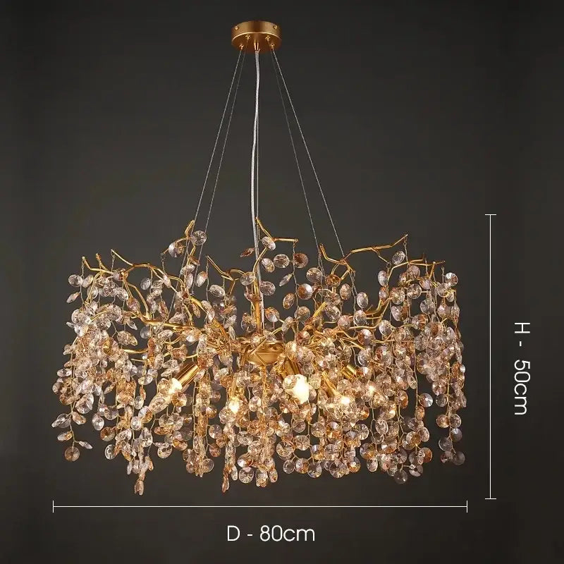 Golden branch crystal led chandelier with cascading clear and amber crystal droplets for luxury dining room decorbites crystal led