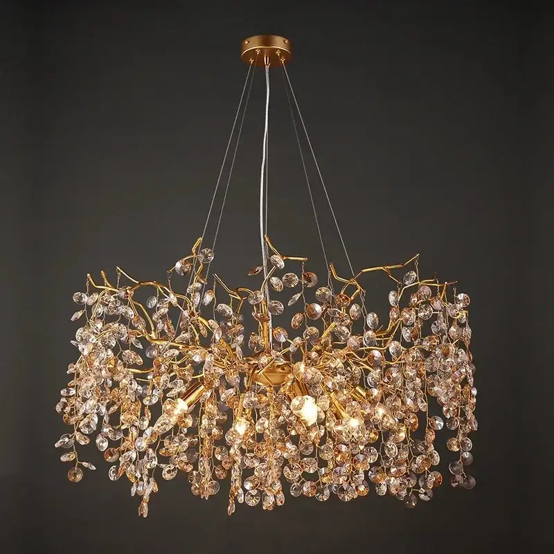 Golden branch crystal led chandelier with cascading clear crystal droplets for luxury dining room decorbites crystal led lamp