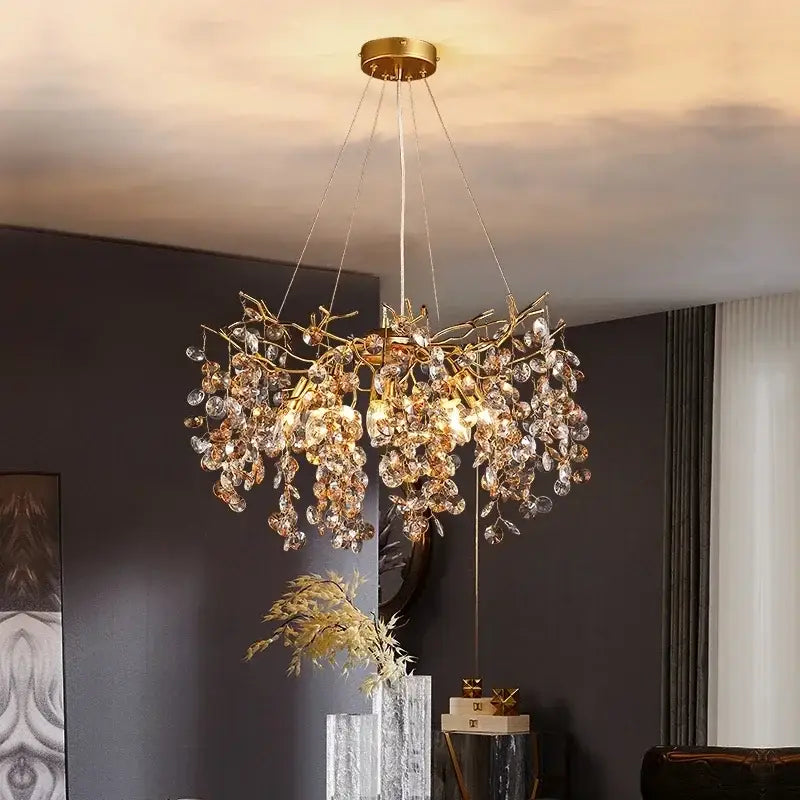 Golden branch-style decorbites crystal led chandelier with cascading clear and amber crystal droplets for luxury dining room decor