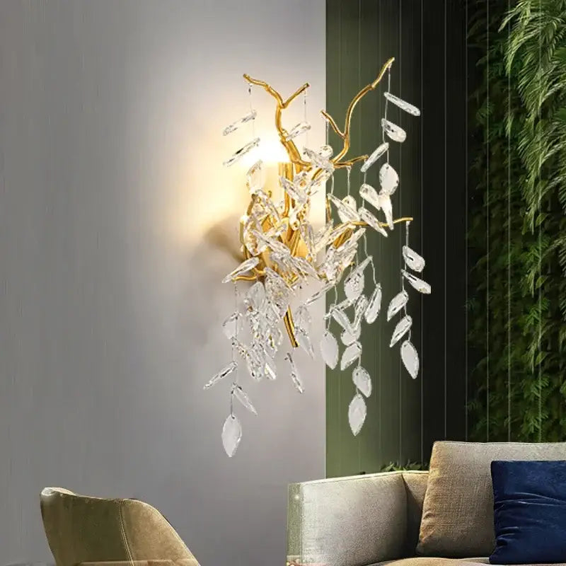 Gold-toned golden branch crystal led pendant lights featuring a tree branch design with crystal led pendant leaves for decorbites