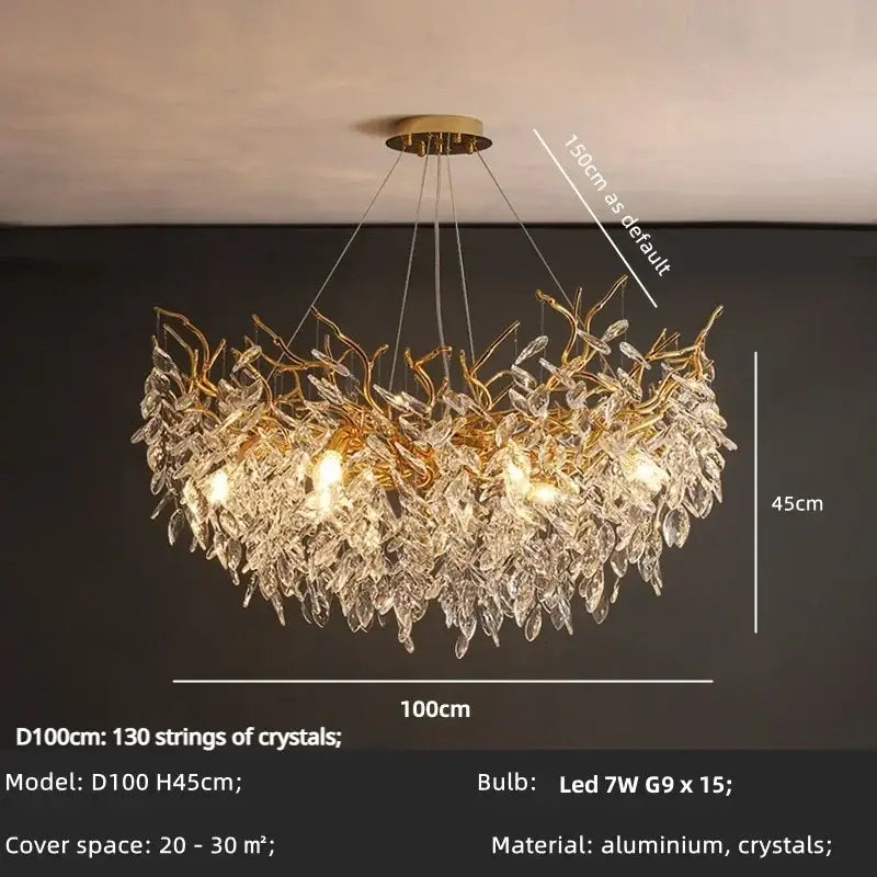 Gold-toned golden branch crystal led pendant light with cascading crystal leaves and aluminum fixture for dining room decorbites crystal led