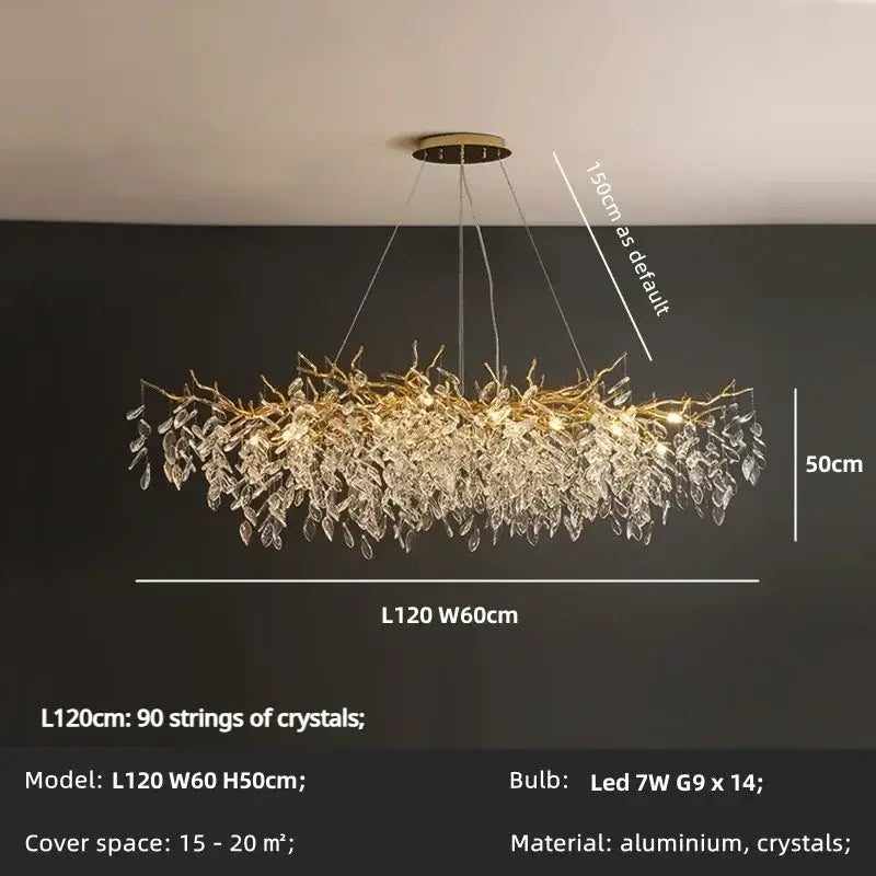 Golden branch crystal led pendant lights dining room chandelier with gold-toned aluminum frame and cascading crystal leaves decorbites crystal led