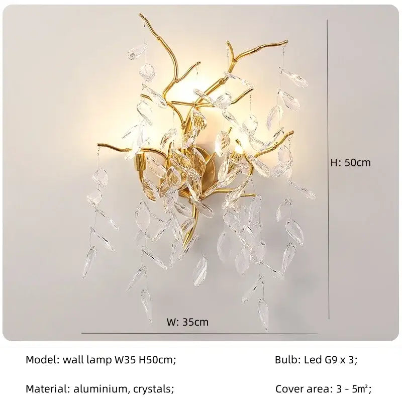 Gold-toned wall lamp with branching aluminum arms and dangling clear crystals for decorbites crystal led pendant lights