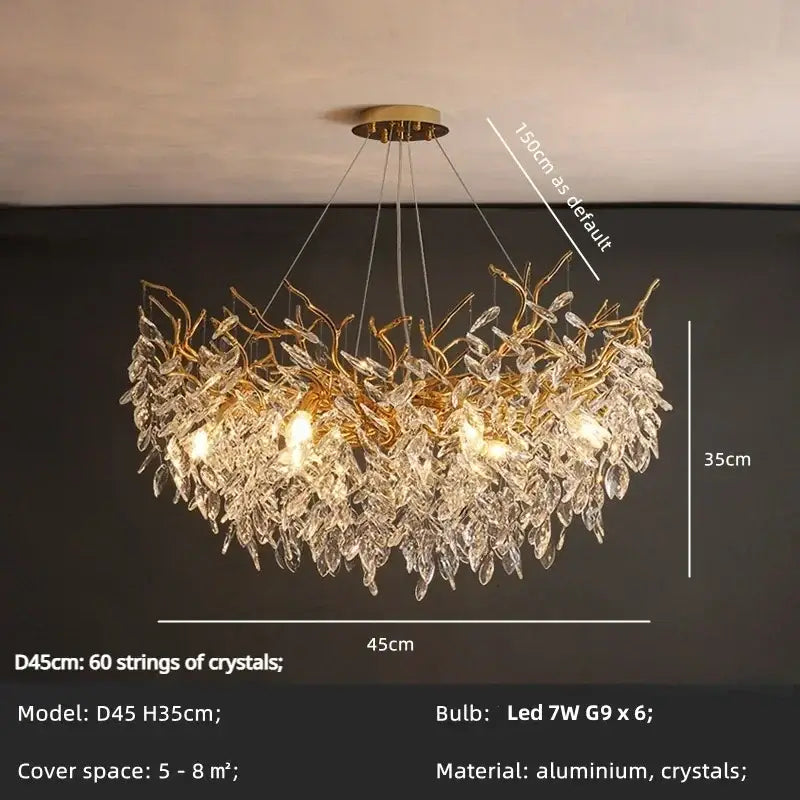 Gold-toned golden branch crystal led pendant lights chandelier with intricate aluminum crystal leaves for dining room decorbites crystal led