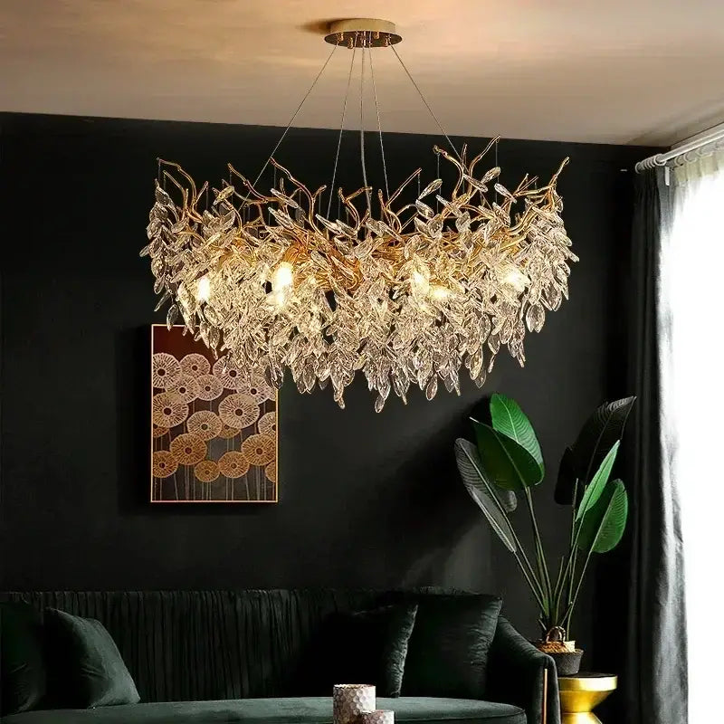Golden branch crystal led pendant lights with golden leaf and clear crystal accents for elegant dining room decorbites crystal led