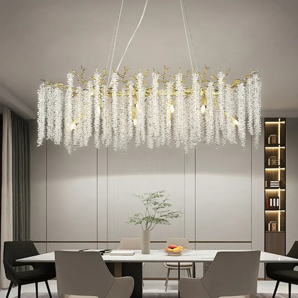 Golden branch crystal metal chandelier with clear cascading crystal strands for dining room decorbites crystal metal lighting