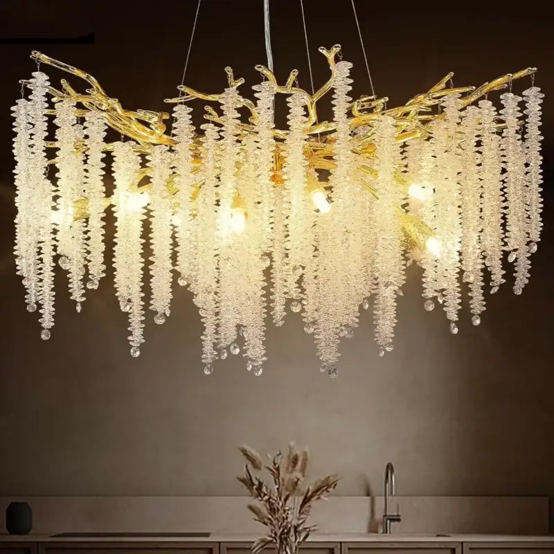 Golden branch crystal metal chandelier with cascading clear crystal droplets for elegant dining room decorbites crystal metal