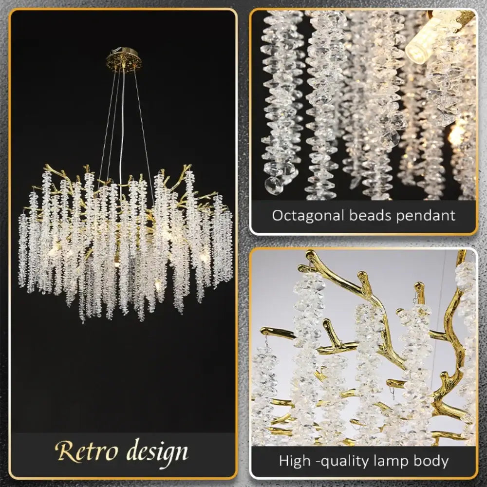 Elegant gold-toned decorbites crystal metal chandelier with cascading clear beads and retro branch-like design for dining room