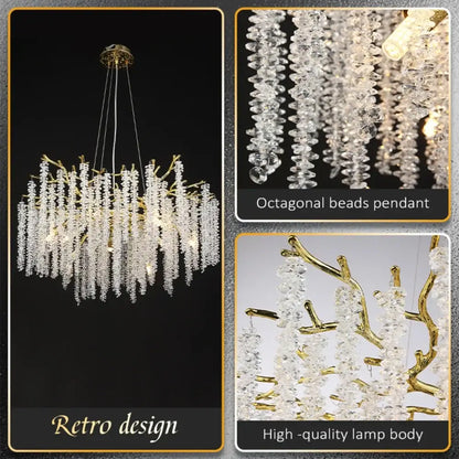 Elegant gold-toned decorbites crystal metal chandelier with cascading clear beads and retro branch-like design for dining room