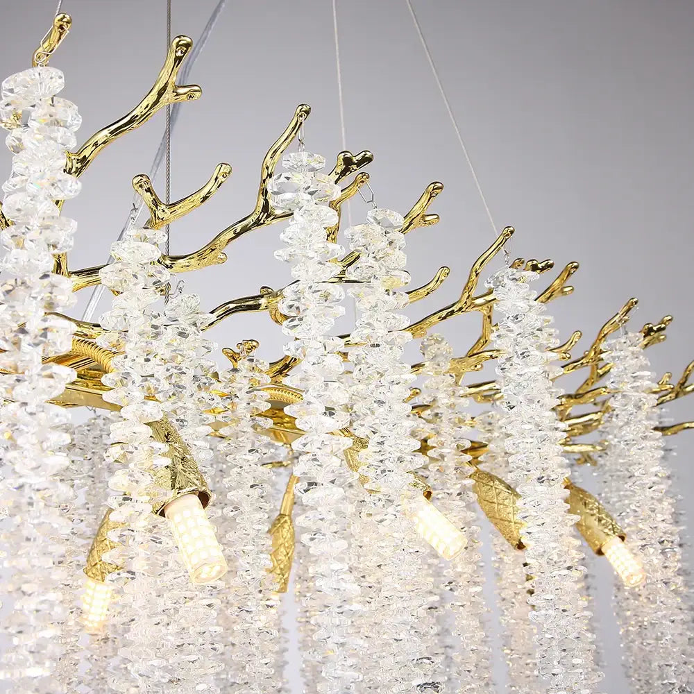 Elegant gold-toned decorbites crystal metal chandelier with cascading clear beads and warm led bulbs for dining room decor