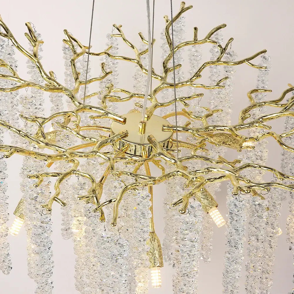 Golden branch crystal metal chandelier with golden coral design, cascading crystal strands, and exposed led bulbs by decorbites crystal metal