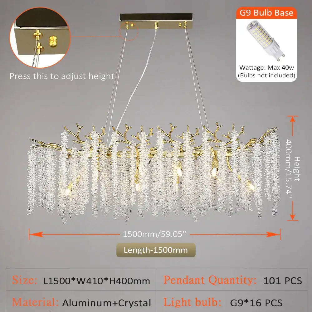Gold-toned decorbites crystal metal chandelier with branching aluminum frame and cascading crystal pendants for dining room