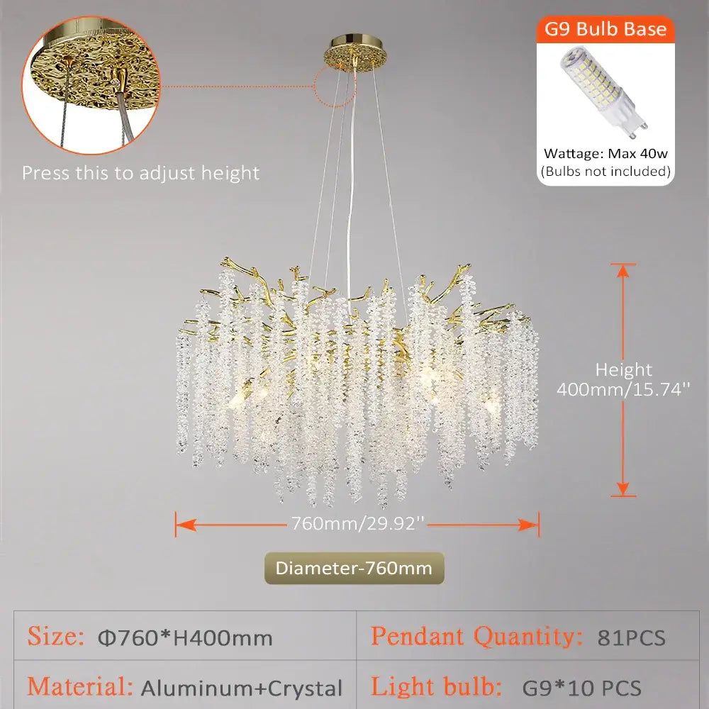 Golden branch crystal metal chandelier with cascading crystal droplets and adjustable ceiling mount for dining room decorbites crystal metal