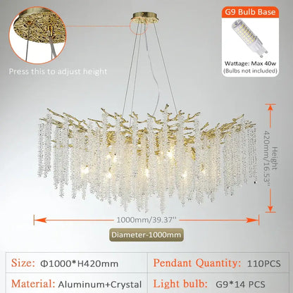 Golden branch crystal metal chandelier featuring cascading crystal strands and adjustable ceiling mount for dining room decorbites crystal metal