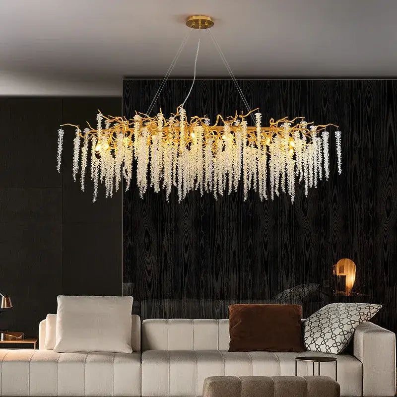 Golden branch crystal tassel ceiling chandelier with gold-toned frame and cascading clear crystal strands for living room decorbites crystal tassel
