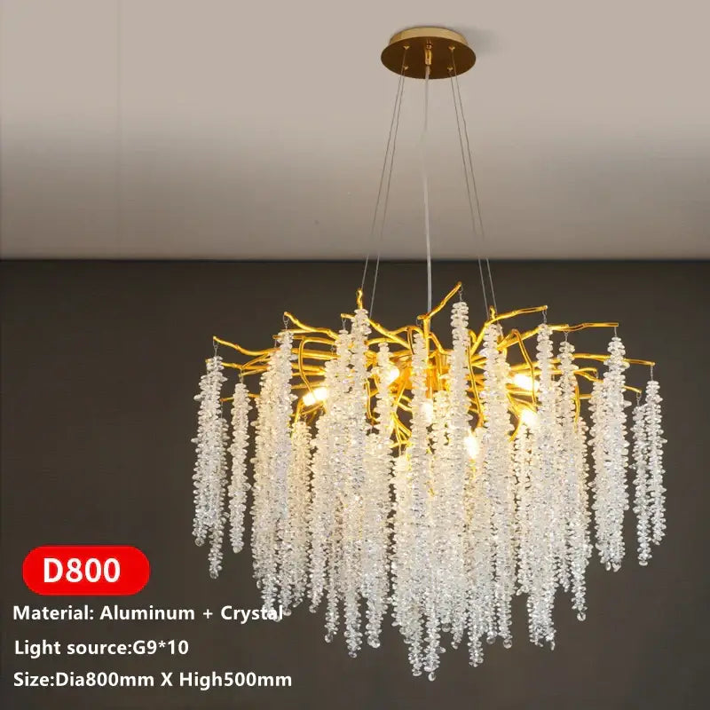 Gold-toned crystal tassel ceiling chandelier with branching aluminum frame for living room decorbites crystal tassel