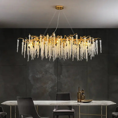 Golden branch crystal tassel ceiling chandelier with cascading clear crystal droplets for living room decorbites crystal tassel