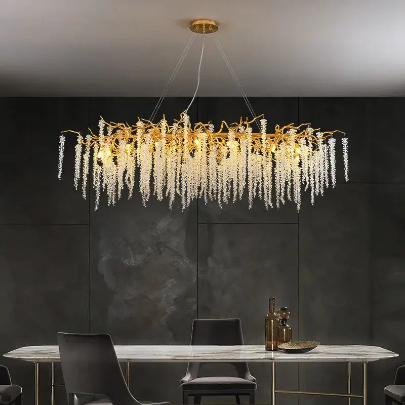 Golden branch crystal tassel ceiling chandelier with cascading clear crystal droplets for living room decorbites crystal tassel