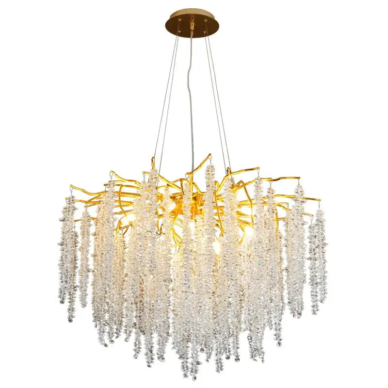 Golden branch crystal tassel chandelier with cascading clear crystals for elegant dining room decorbites crystal tassel lighting