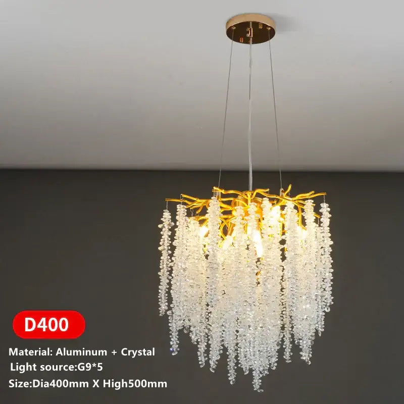 Golden branch crystal tassel chandelier made of aluminum with clear crystal droplets for dining room decorbites crystal tassel
