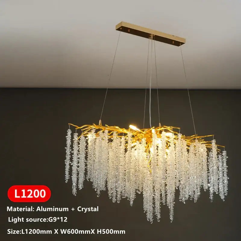 Gold-toned golden branch crystal tassel chandelier with aluminum frame and cascading decorbites crystal droplets for dining room