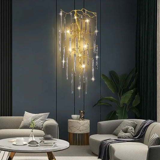 Golden branch crystal wall lamp with dangling crystal droplets for elegant bedroom decorbites crystal wall lighting