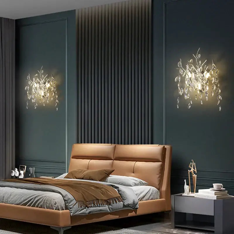 Golden branch crystal wall lamp with warm glowing lights decorative leaf sconce for living room decorbites crystal wall