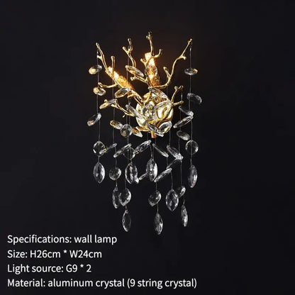 Golden branch crystal wall lamp with dangling crystal droplets for elegant living room decorbites crystal wall lighting