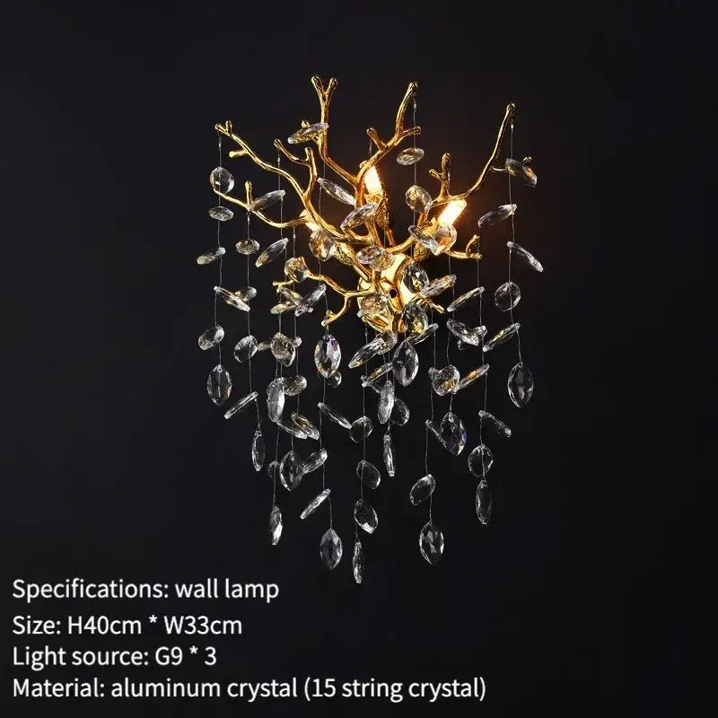 Golden branch-style wall lamp with dangling clear crystal droplets decorbites crystal wall lamp for living room decor