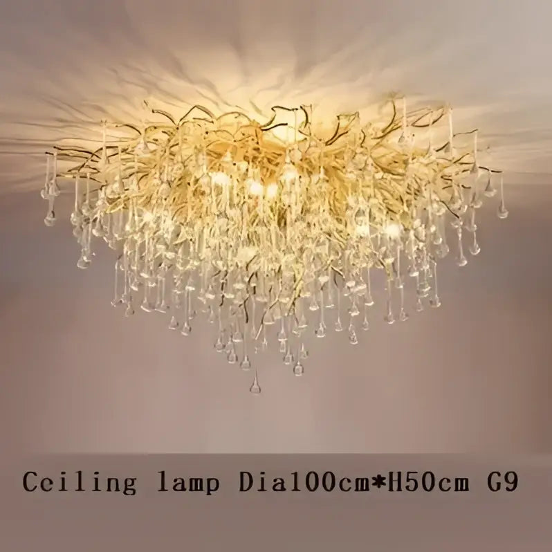 Golden branch crystal water drop led chandelier with intricate branching arms and teardrop crystals for living room decorbites crystal water