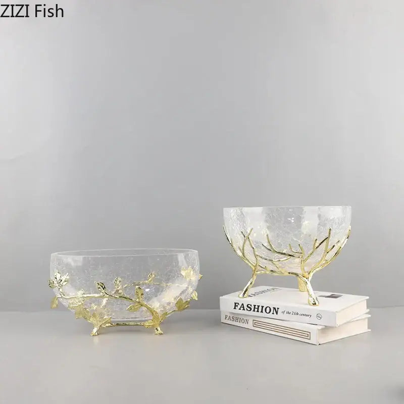 Clear glass decorative bowl with golden branches and leaf accents from decorbites golden branches bowl set for kitchen decor