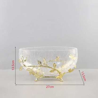 Clear crackled glass bowl set with gold leaf and golden branches detailing for kitchen decor by decorbites golden branches