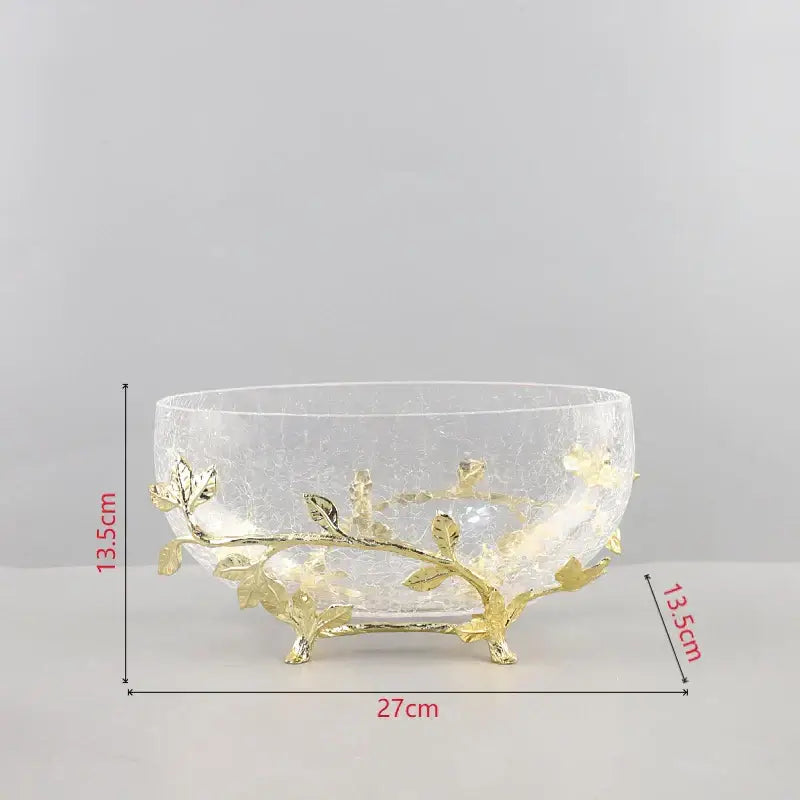 Clear crackled glass bowl set with gold leaf and golden branches detailing for kitchen decor by decorbites golden branches