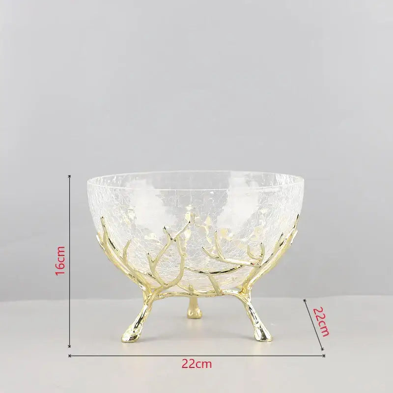 Clear crackled glass bowl set with golden branches antler-like metal legs for kitchen decor by decorbites golden branches