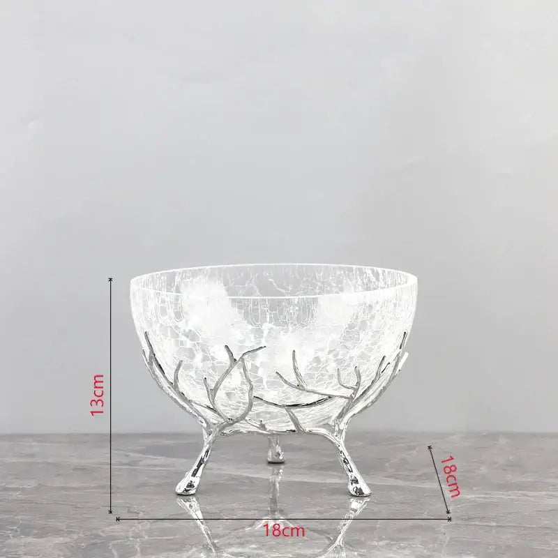 Clear glass crackled bowl set with silver toned metal tree branch legs decorbites golden branches kitchen decor