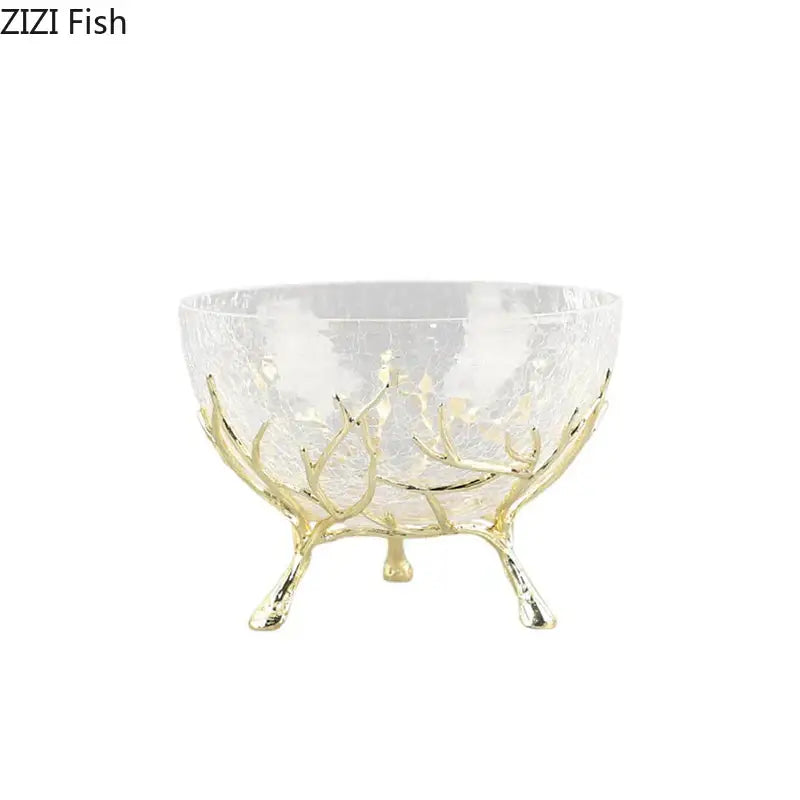 Clear textured glass bowl set with golden branches metal stand resembling tree roots for decorbites golden branches decor