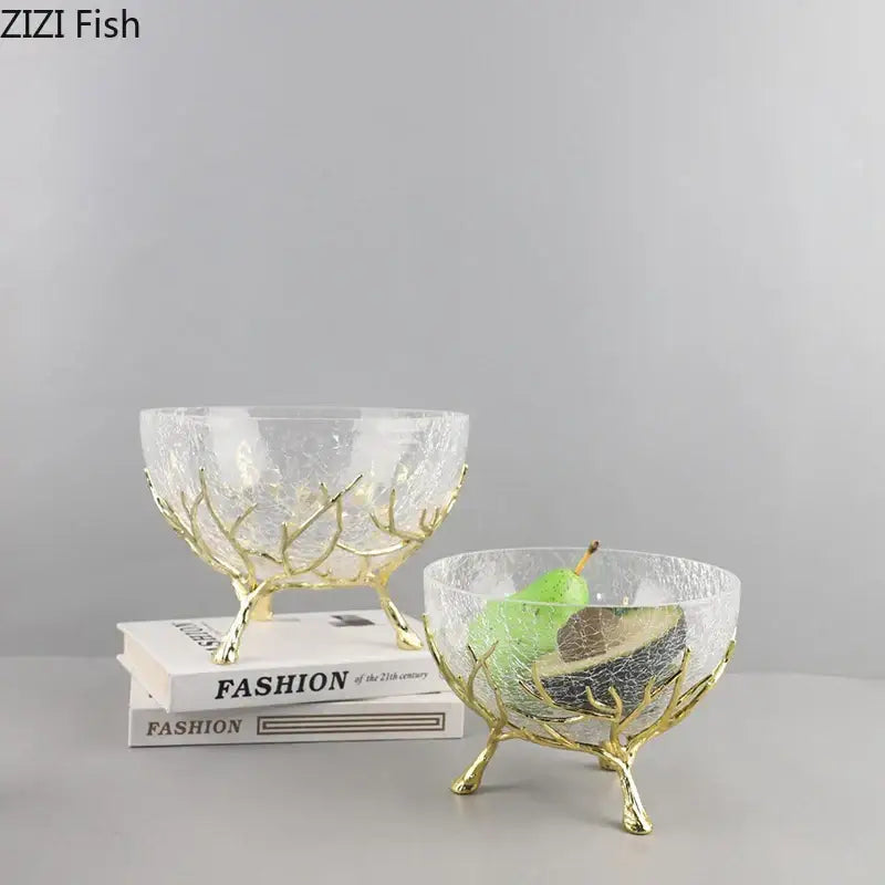 Gold-toned antler-inspired stand with clear crackled glass bowl from decorbites golden branches bowl set kitchen decor