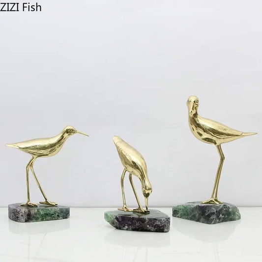 Three golden brass bird figurines on distinct green and black marble bases desk ornament for living room decor