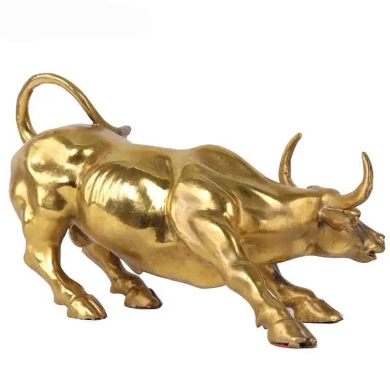 Golden brass bull figurine sculpture with detailed musculature and curved horns for decorbites golden bull office decor