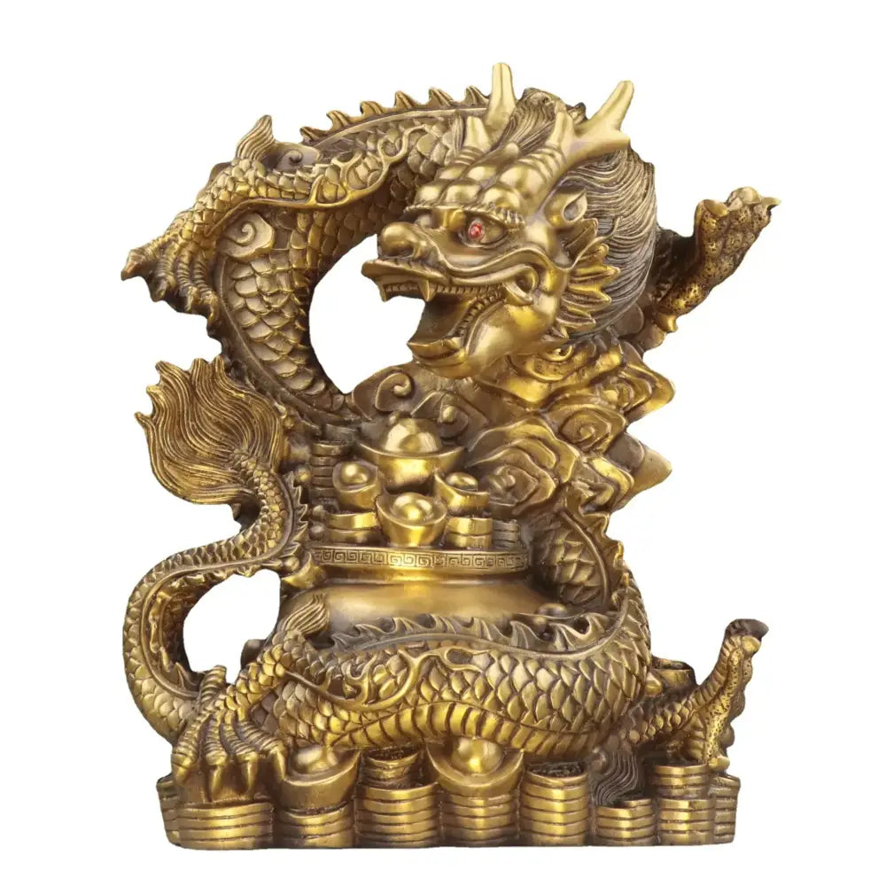 Golden brass dragon zodiac copper bowl ornament with intricate scales and red eye coiled around stacked coins pedestal