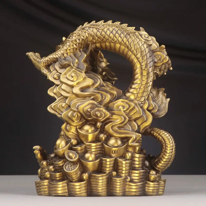 Golden brass dragon zodiac copper bowl ornament featuring a coiled dragon over stylized clouds and coin ingots