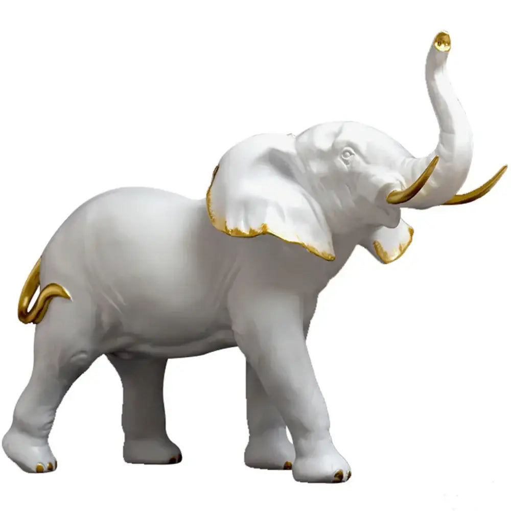 White ceramic elephant resin sculpture with gold-trimmed ears trunk and tail for living room decorbites elephant resin decor