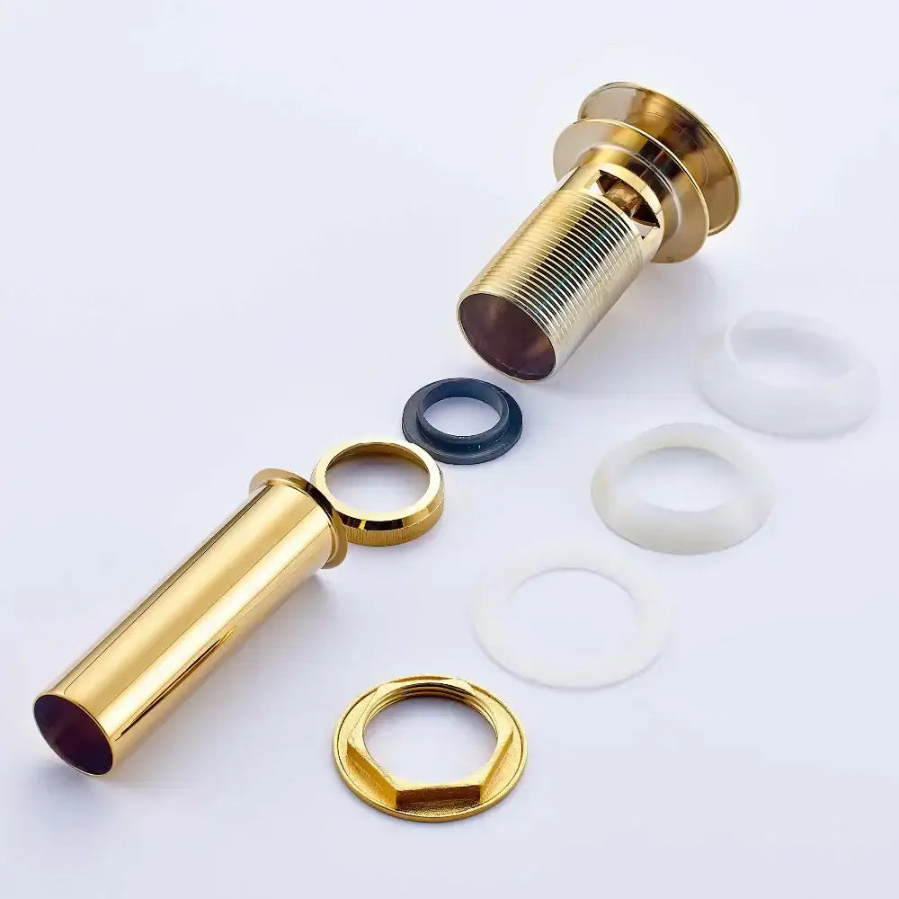 Golden brass vintage bathroom sink pop up drain with gold-finished brass threaded body and matching hexagonal nut by decorbites