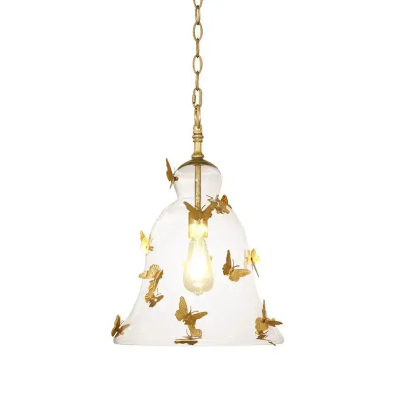 Golden butterfly bedhead glass pendant lamp with gold-toned metal butterflies and brass chain for dining room pendant lamp